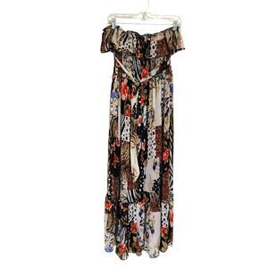 Red Carpet Midi Dress L Patchwork Strapless Ruffled Sheer Floral Animal Print